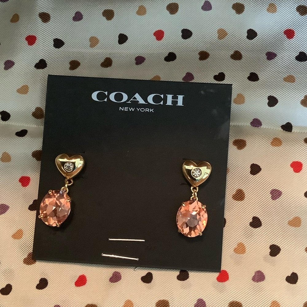 Coach Gold Heart Earrings with Pink Gemstones